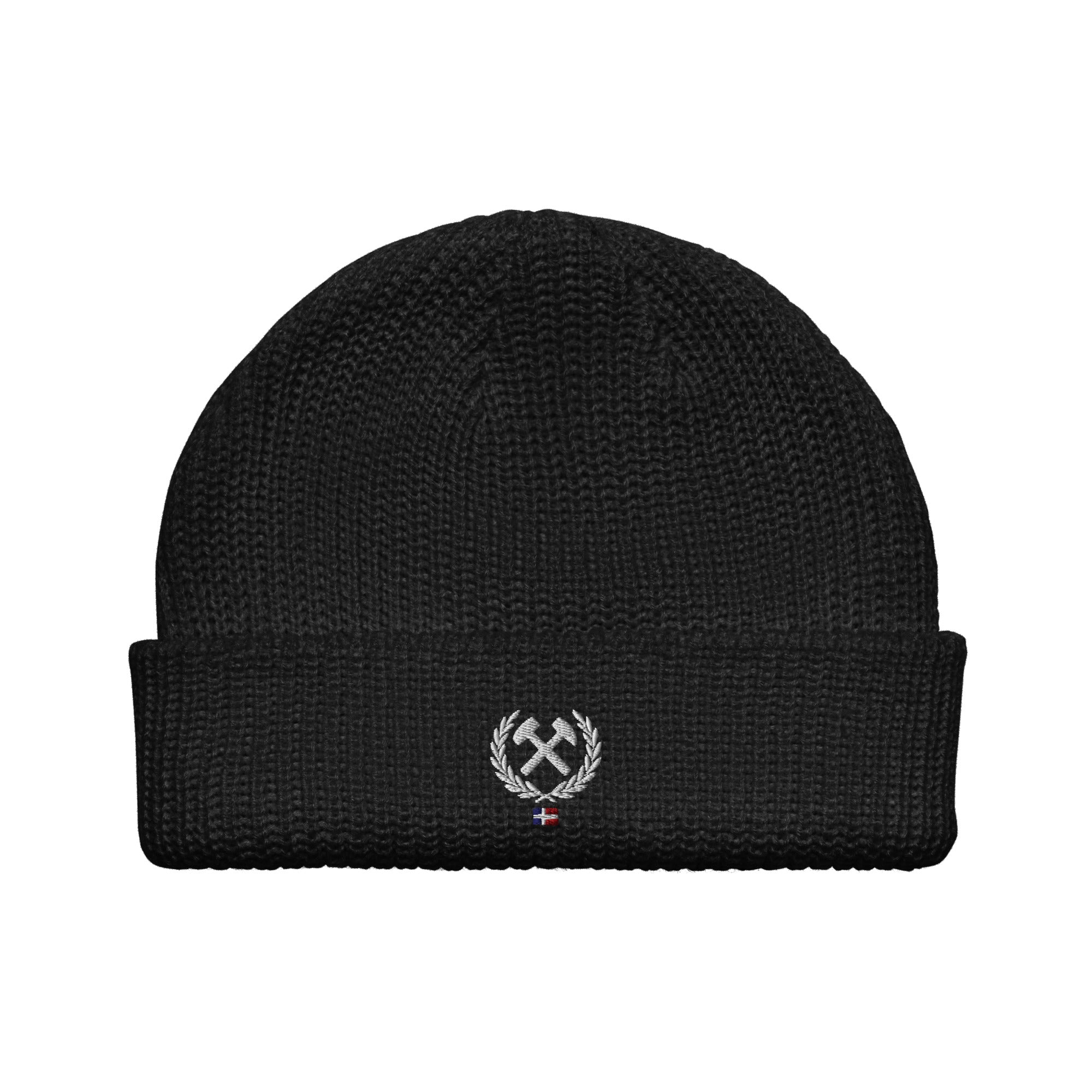 Frères de la Sarre Beanie mit dem Bergbau Logo, dem Lorbeerkranz und der alten Saarland Flagge in schwarz