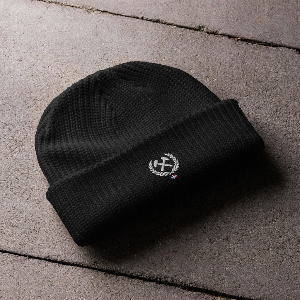 Frères de la Sarre Beanie mit dem Bergbau Logo, dem Lorbeerkranz und der alten Saarland Flagge in schwarz