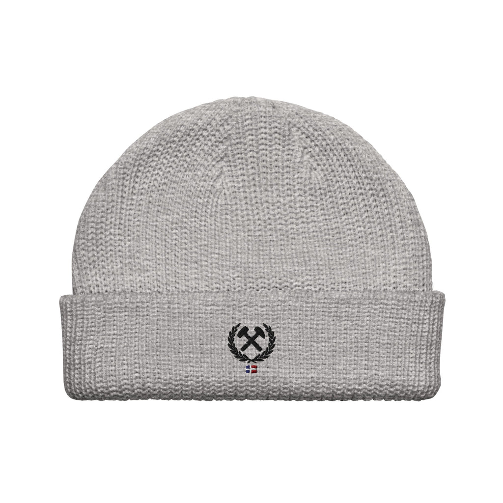 Frères de la Sarre Beanie mit dem Bergbau Logo, dem Lorbeerkranz und der alten Saarland Flagge in grau