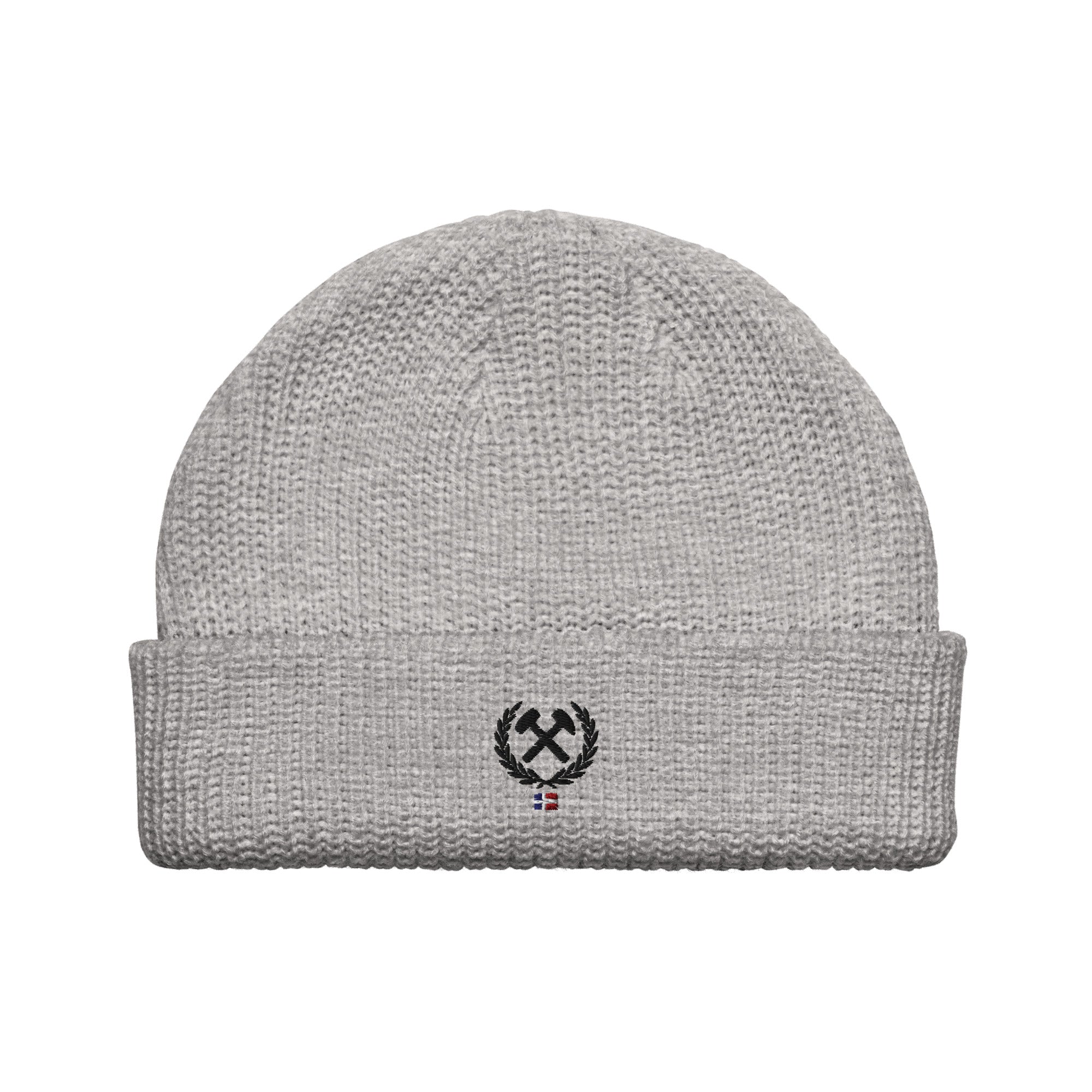 Frères de la Sarre Beanie mit dem Bergbau Logo, dem Lorbeerkranz und der alten Saarland Flagge in grau