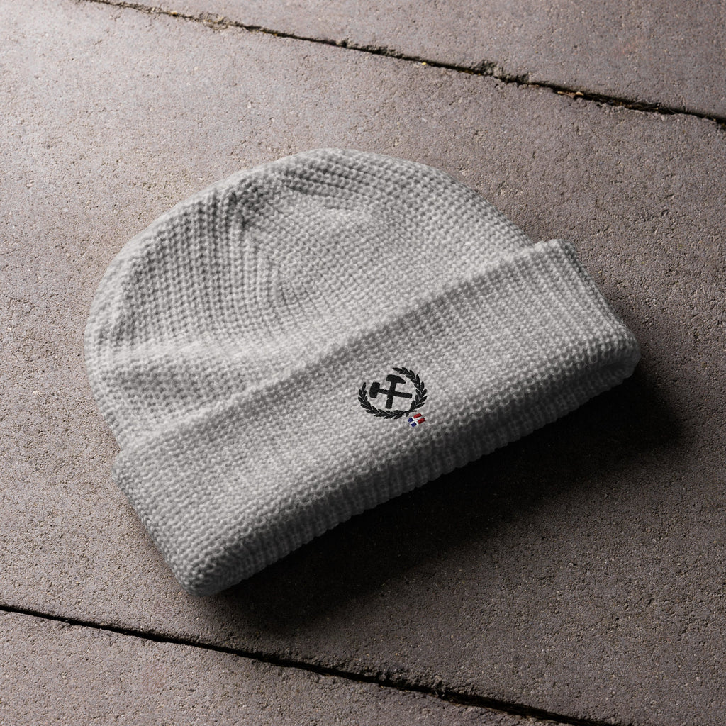 Frères de la Sarre Beanie mit dem Bergbau Logo, dem Lorbeerkranz und der alten Saarland Flagge in grau