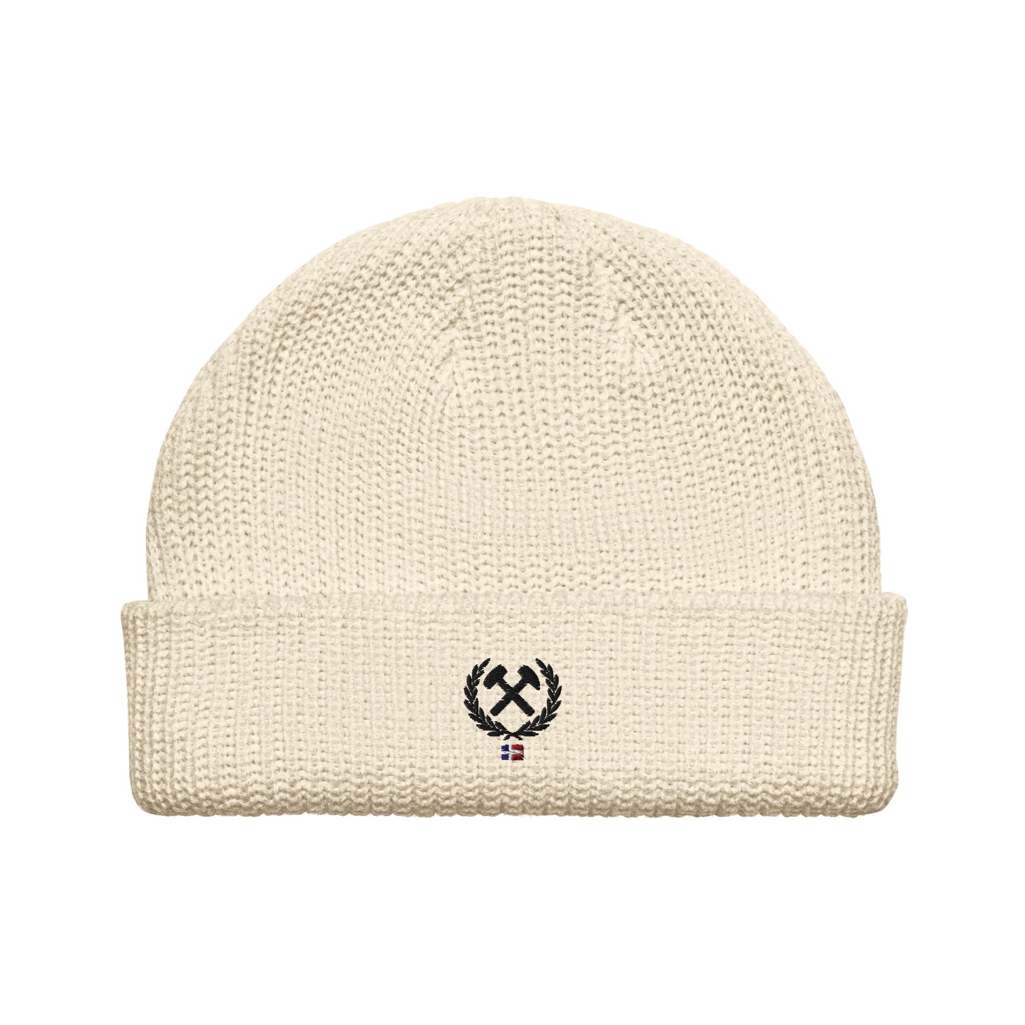 Frères de la Sarre Beanie mit dem Bergbau Logo, dem Lorbeerkranz und der alten Saarland Flagge in beige