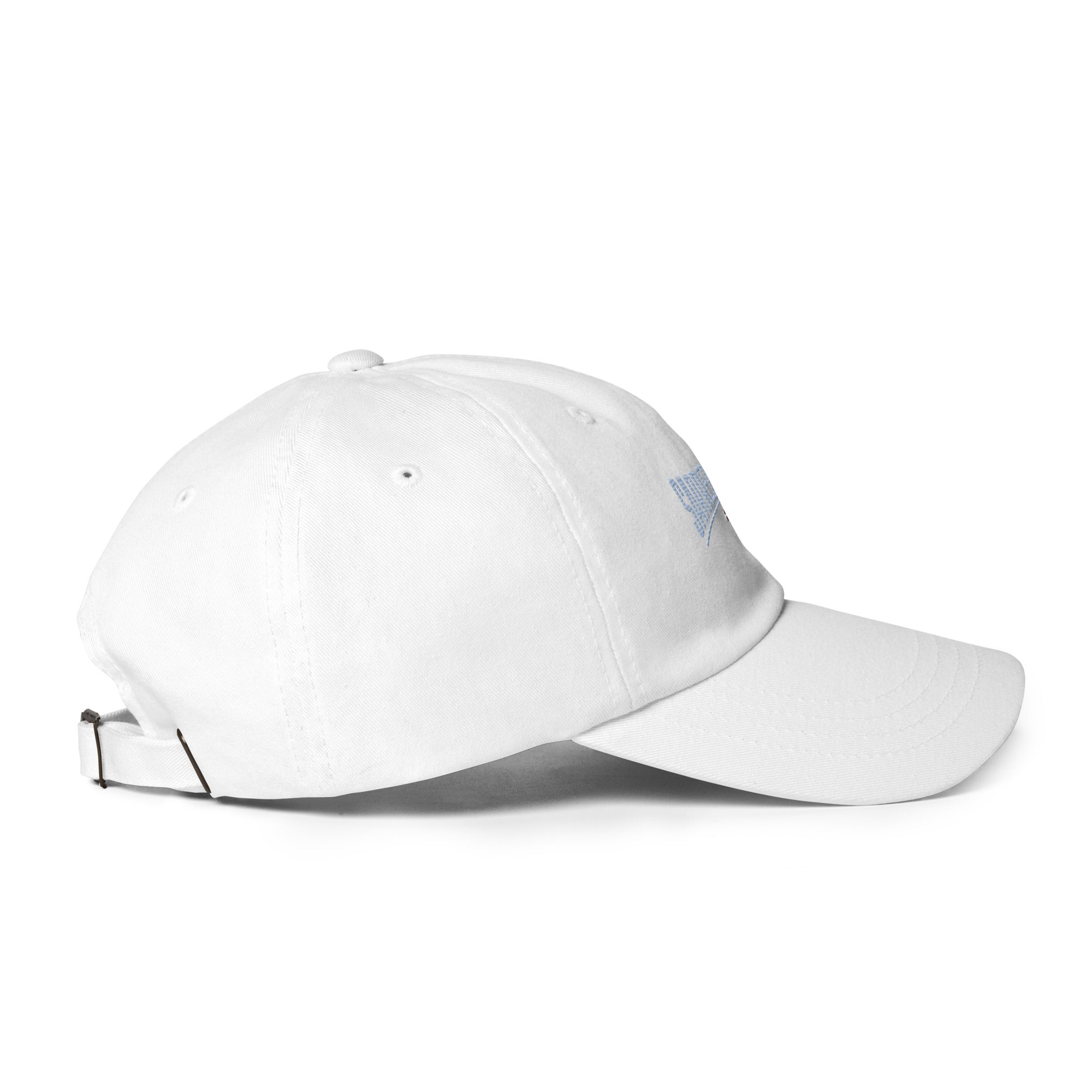 Frères de la Sarre Cap Sarrebruck Retro - Saarbrücken Kappe mit gesticktem hellblauen Sarrebruck Schriftzug auf weißer Kappe