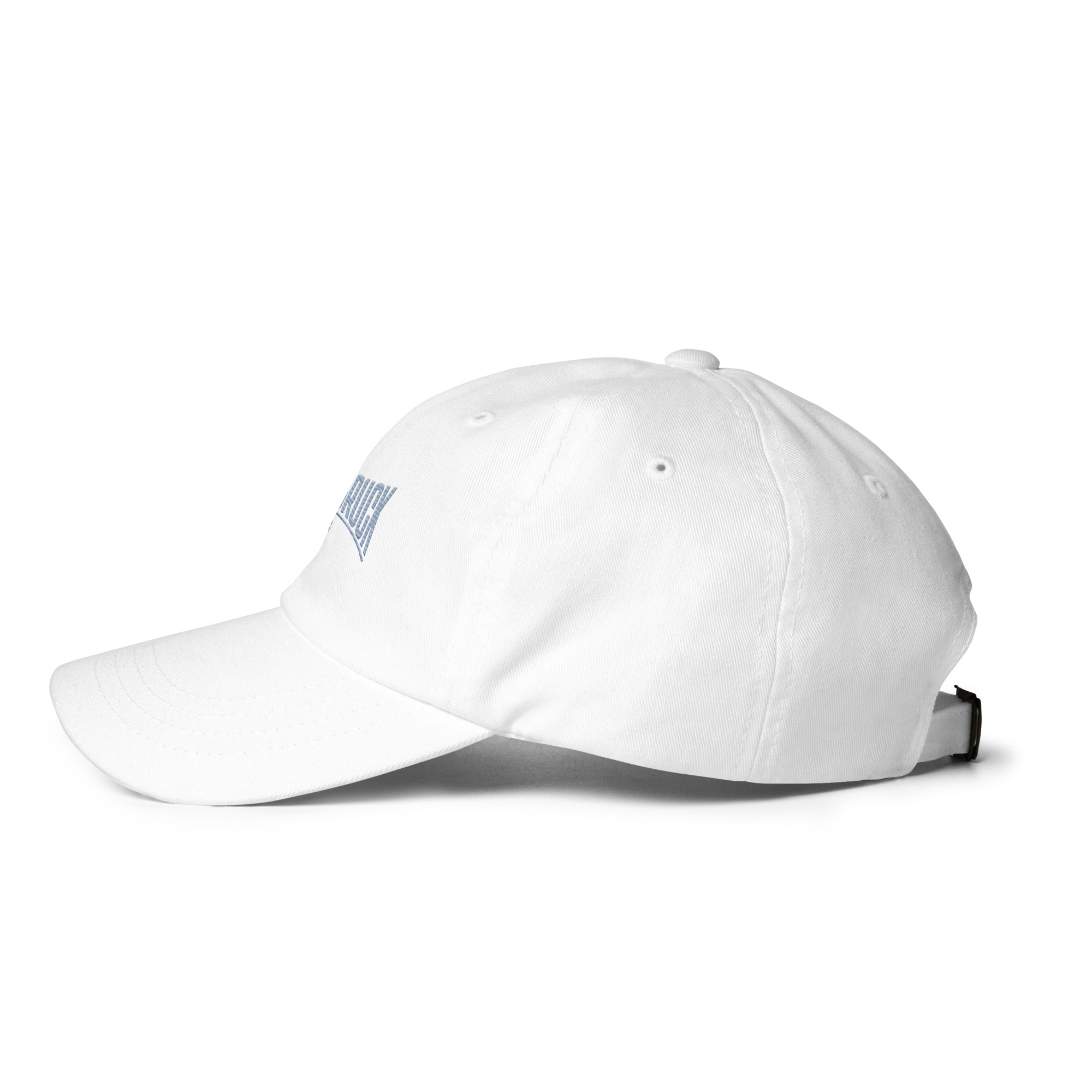 Frères de la Sarre Cap Sarrebruck Retro - Saarbrücken Kappe mit gesticktem hellblauen Sarrebruck Schriftzug auf weißer Kappe