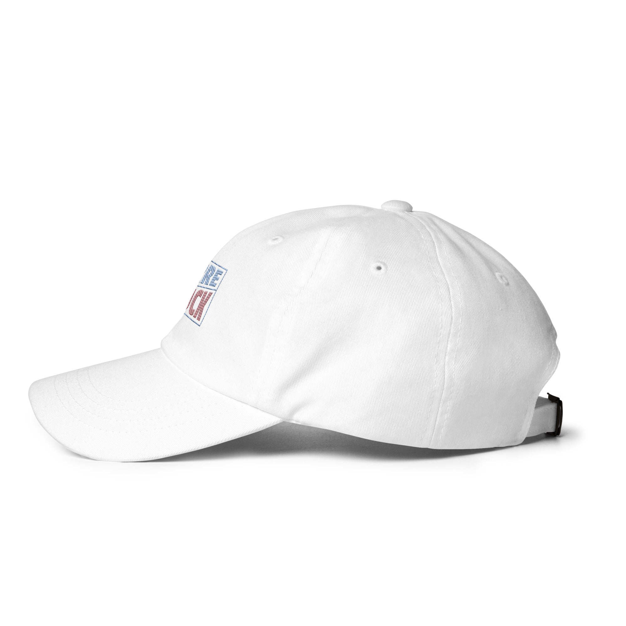 Frères de la Sarre Cap Sarrebruck Retro - Saarbrücken Kappe mit gesticktem hellblau-hellroten Design in weiß Seitenansicht