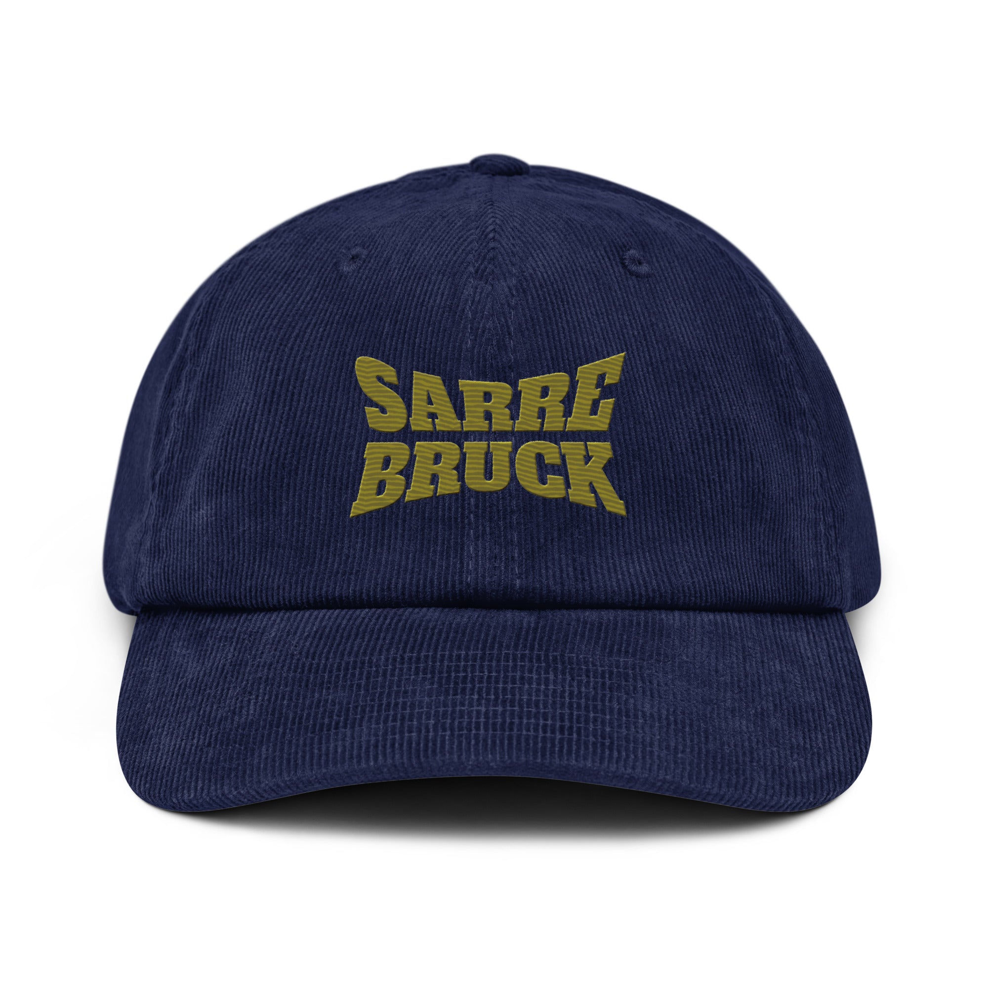 Frères de la Sarre Saarbrücken Cord Cap Sarrebruck Sports mit gesticktem gelben Saarbrücken Schriftzug auf dunkelblauer Cap.