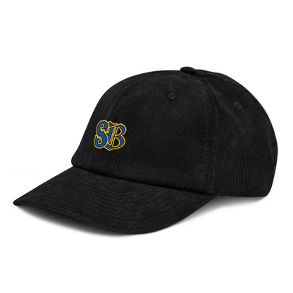 Frères de la Sarre Saarbrücken Cord Cap mit gesticktem SB Logo in blau gelb auf schwarzer Kappe - Front schräg links