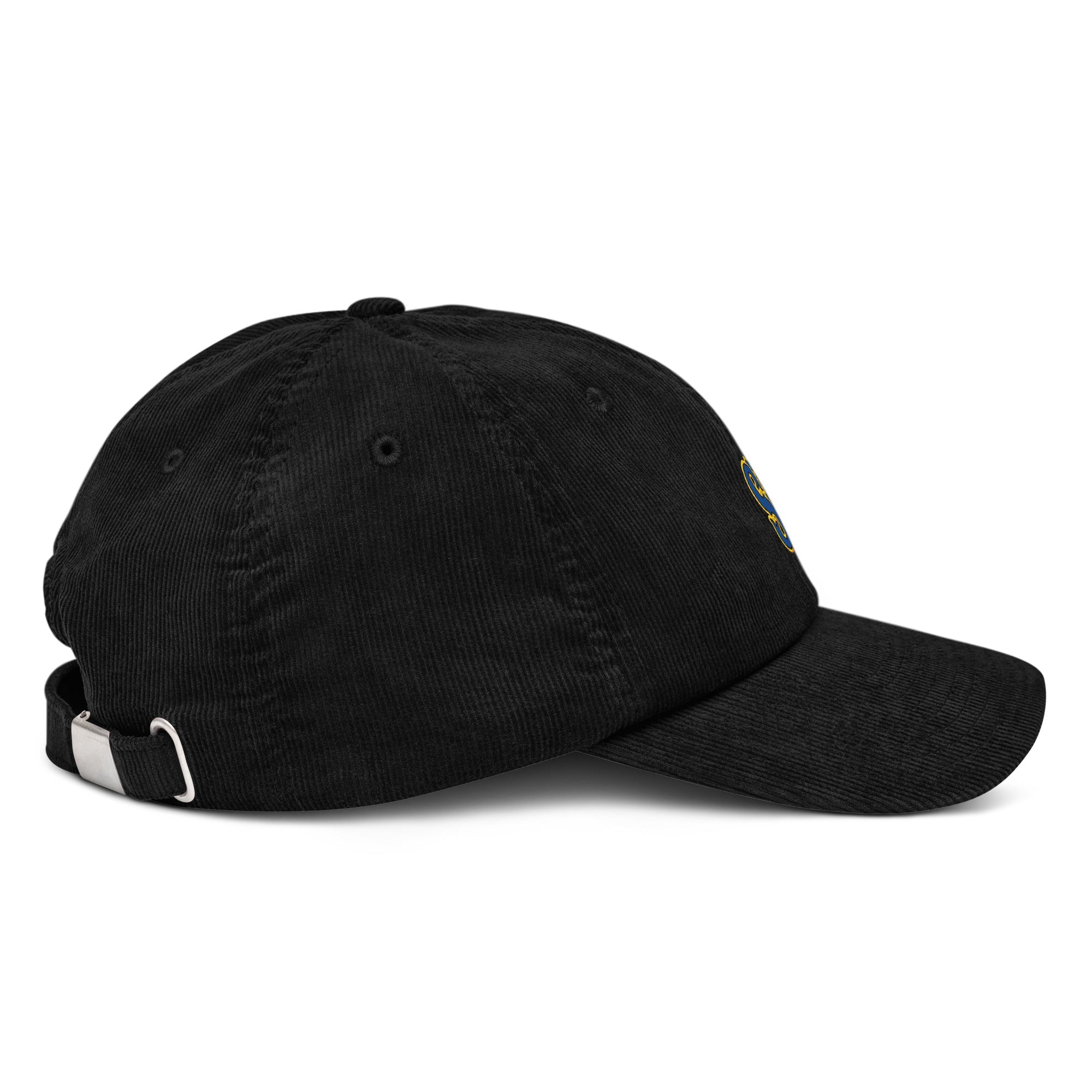 Frères de la Sarre Saarbrücken Cord Cap mit gesticktem SB Logo in blau gelb auf schwarzer Kappe - Rechte Seite
