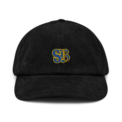 Frères de la Sarre Saarbrücken Cord Cap mit gesticktem SB Logo in blau gelb auf schwarzer Kappe - Front