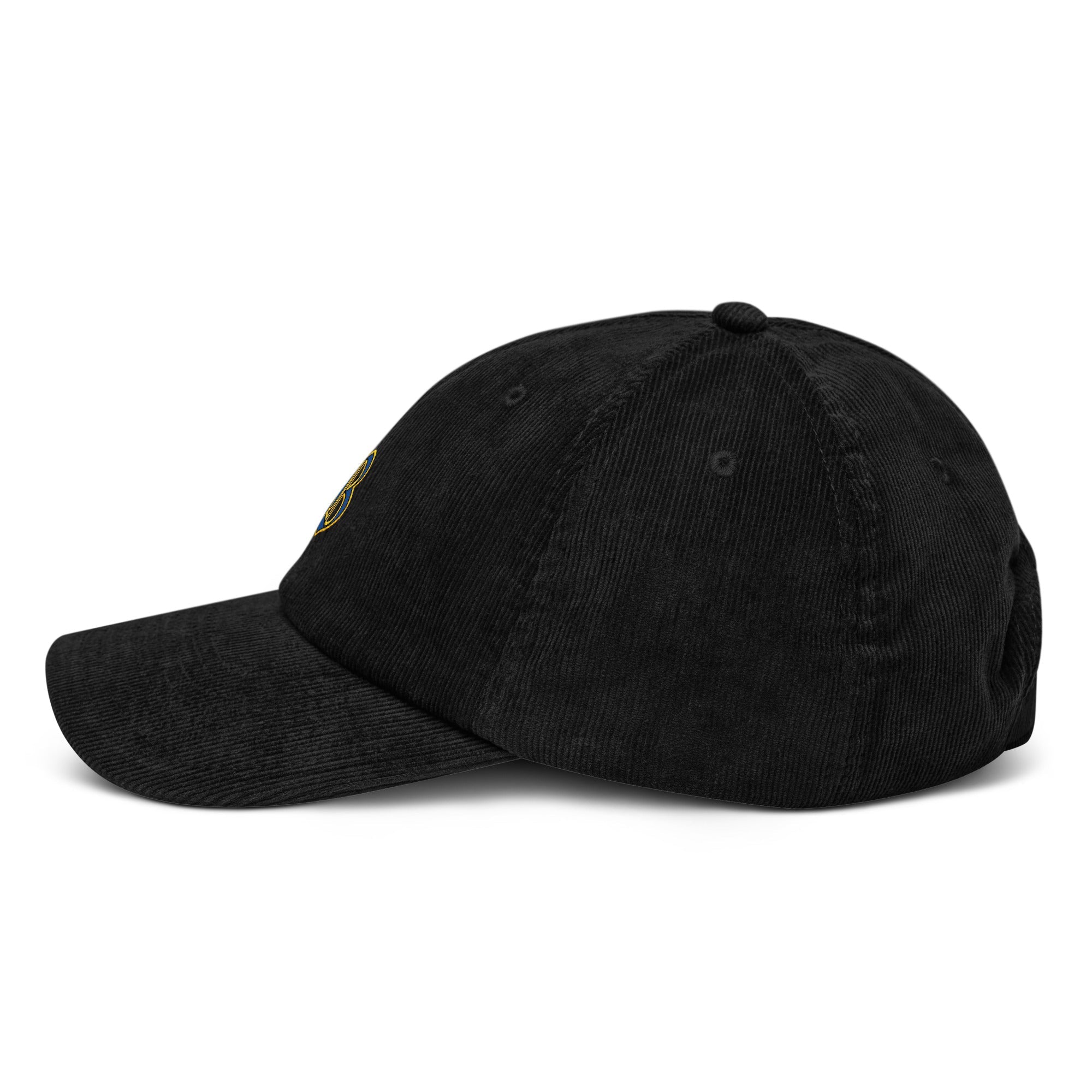 Frères de la Sarre Saarbrücken Cord Cap mit gesticktem SB Logo in blau gelb auf schwarzer Kappe - Linke Seite