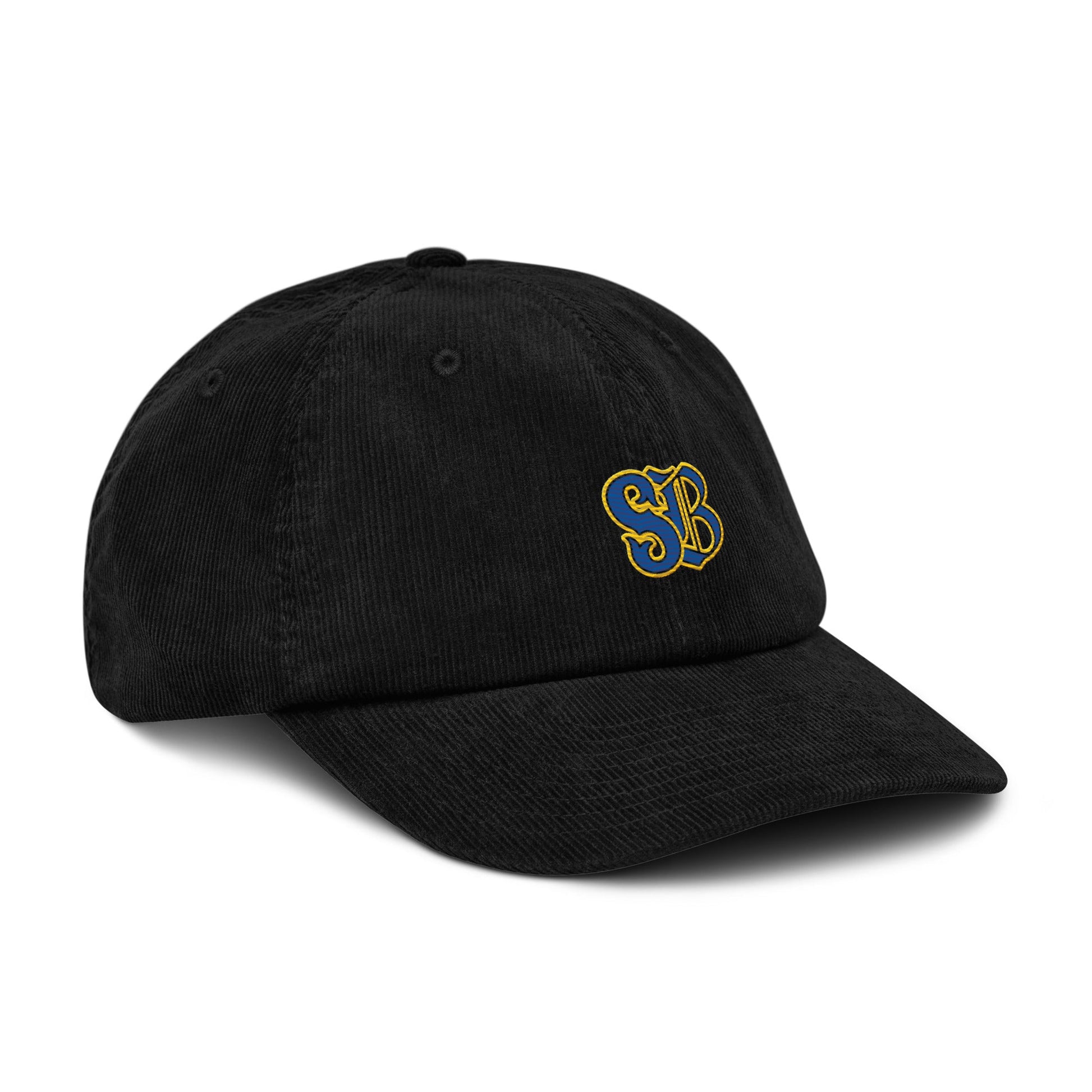 Frères de la Sarre Saarbrücken Cord Cap mit gesticktem SB Logo in blau gelb auf schwarzer Kappe - Front schräg rechts