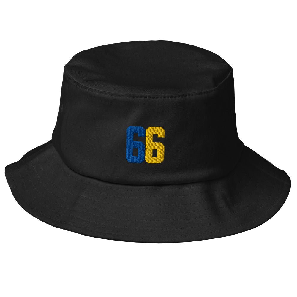 Frères de la Sarre Saarbrücken Fischerhut mit mit gestickten 66 Design in blau gelb auf schwarzem Bucket-Hat