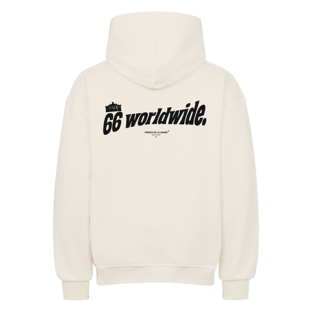 Frères de la Sarre Hoodie mit schwarzen 66 worldwide Backprint und schwarzer Ludwigskirche in beige - Back