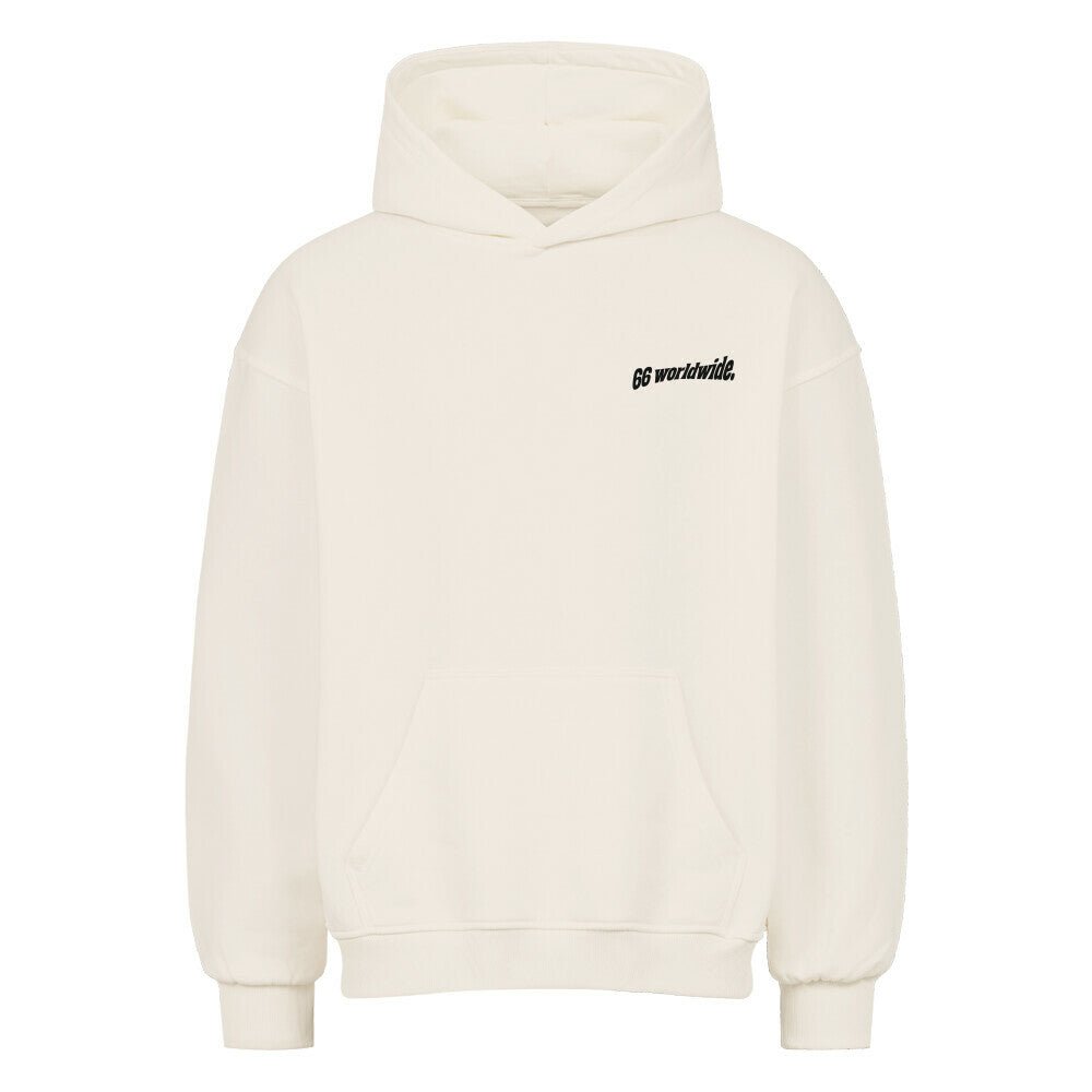 Frères de la Sarre Hoodie mit schwarzen 66 worldwide Backprint und schwarzer Ludwigskirche in beige - Front