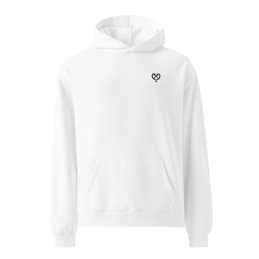 Frères de la Sarre Hoodie mit Bergbau Logo, Lorbeerkranz und mit der alten Saarland Flagge als Backprint in weiß - Front