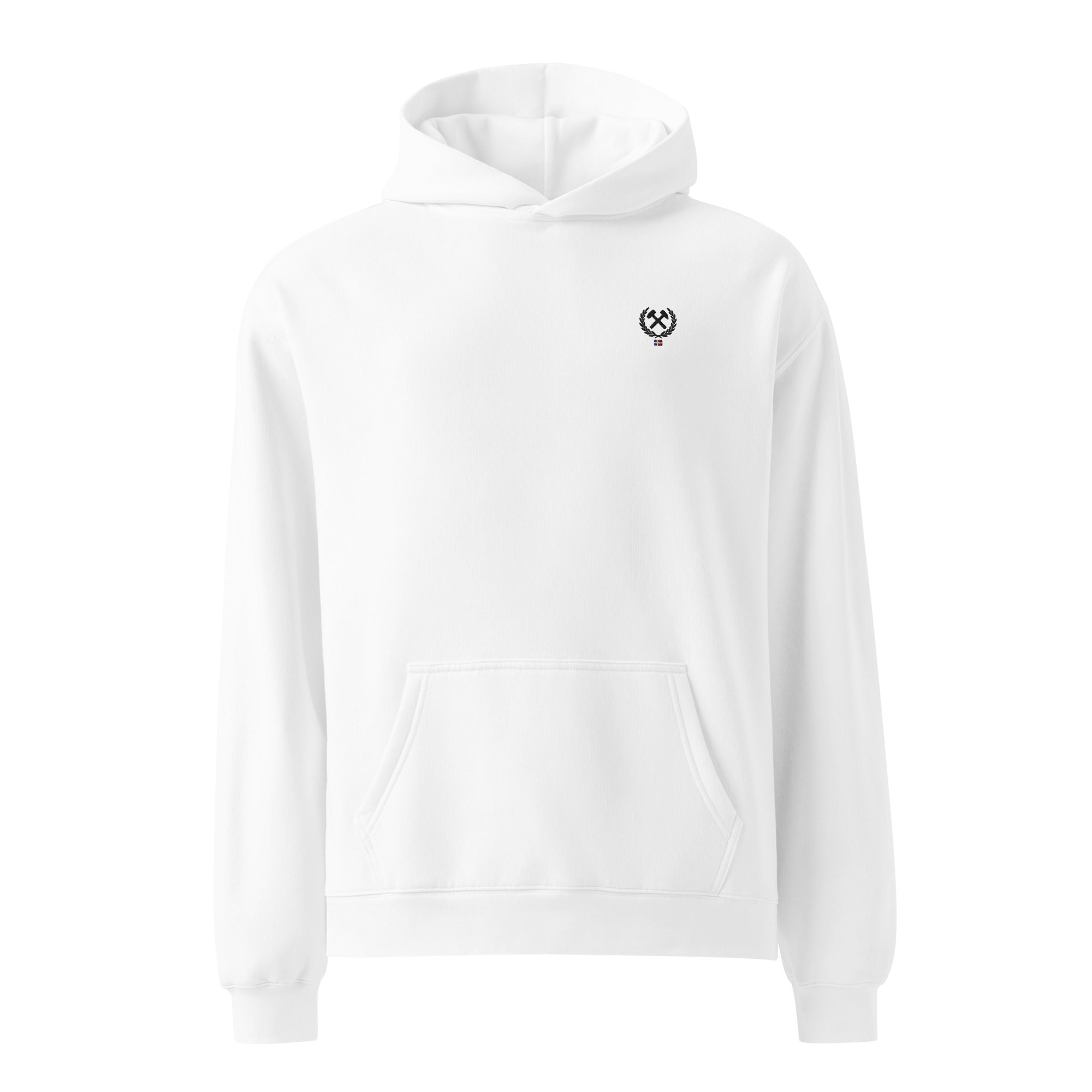 Frères de la Sarre Hoodie mit Bergbau Logo, Lorbeerkranz und mit der alten Saarland Flagge als Backprint in weiß - Front