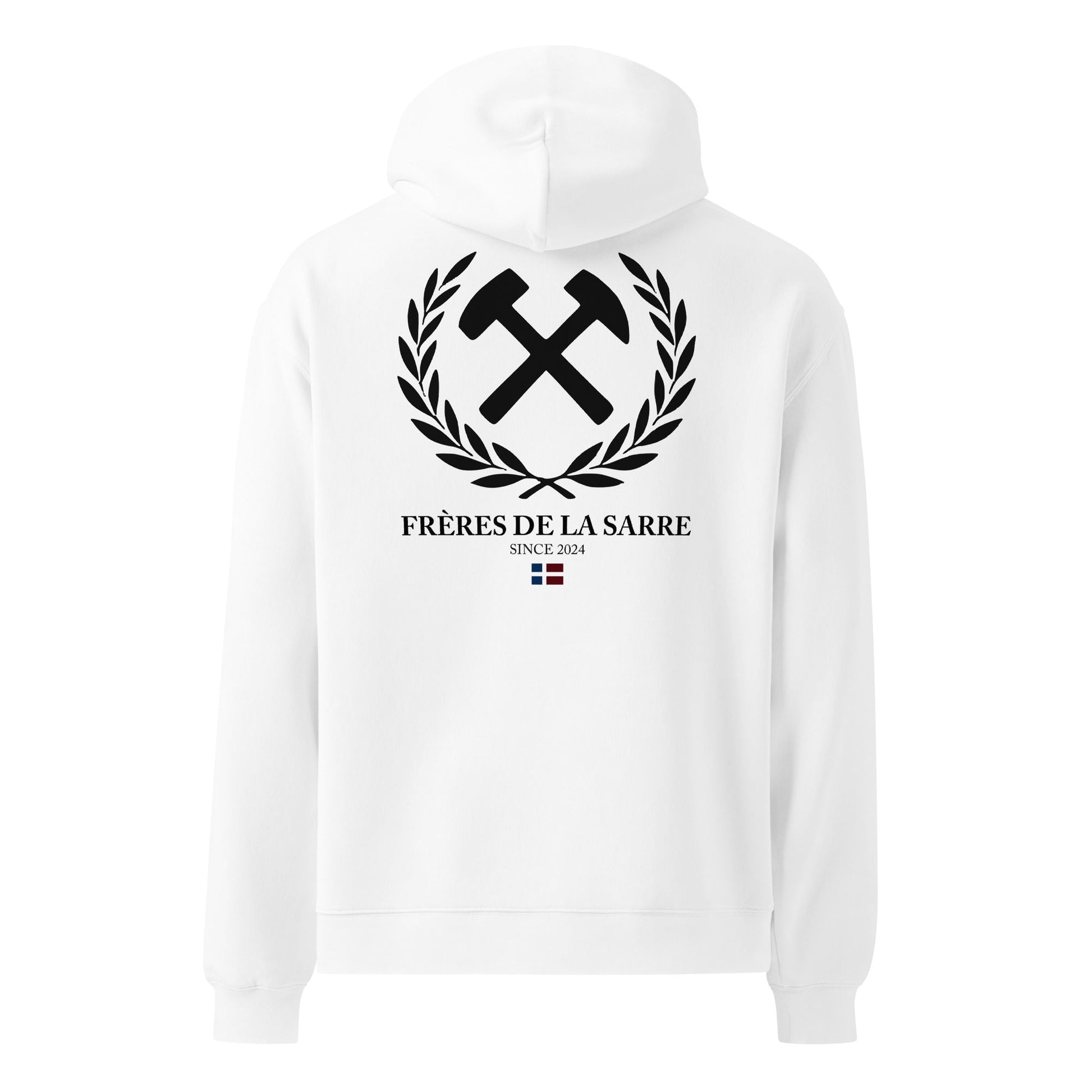 Frères de la Sarre Hoodie mit Bergbau Logo, Lorbeerkranz und mit der alten Saarland Flagge als Backprint in weiß - Back