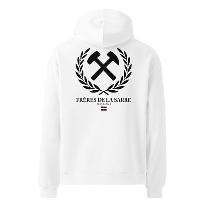 Frères de la Sarre Hoodie mit Bergbau Logo, Lorbeerkranz und mit der alten Saarland Flagge als Backprint in weiß - Back