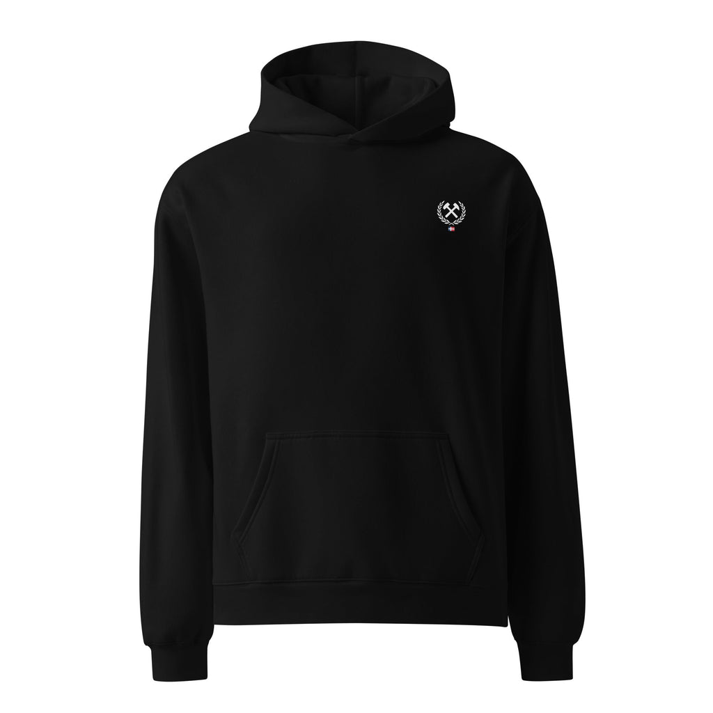 Frères de la Sarre Hoodie mit Bergbau Logo, Lorbeerkranz und mit der alten Saarland Flagge als Backprint in schwarz - Front