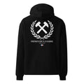 Frères de la Sarre Hoodie mit Bergbau Logo, Lorbeerkranz und mit der alten Saarland Flagge als Backprint in schwarz - Back