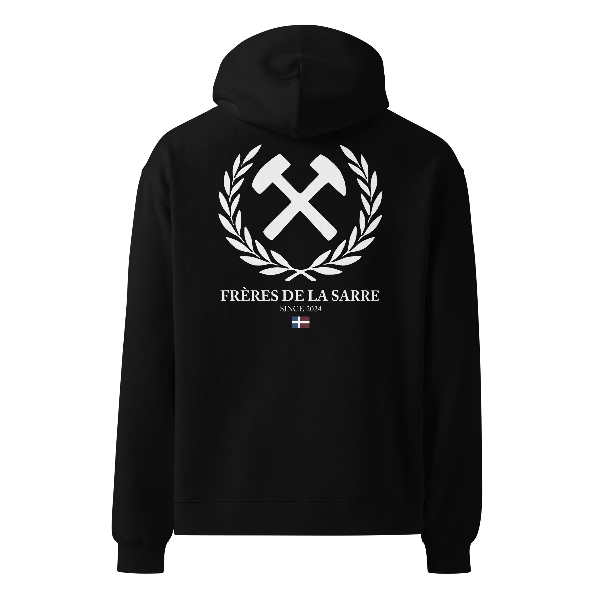 Frères de la Sarre Hoodie mit Bergbau Logo, Lorbeerkranz und mit der alten Saarland Flagge als Backprint in schwarz - Back
