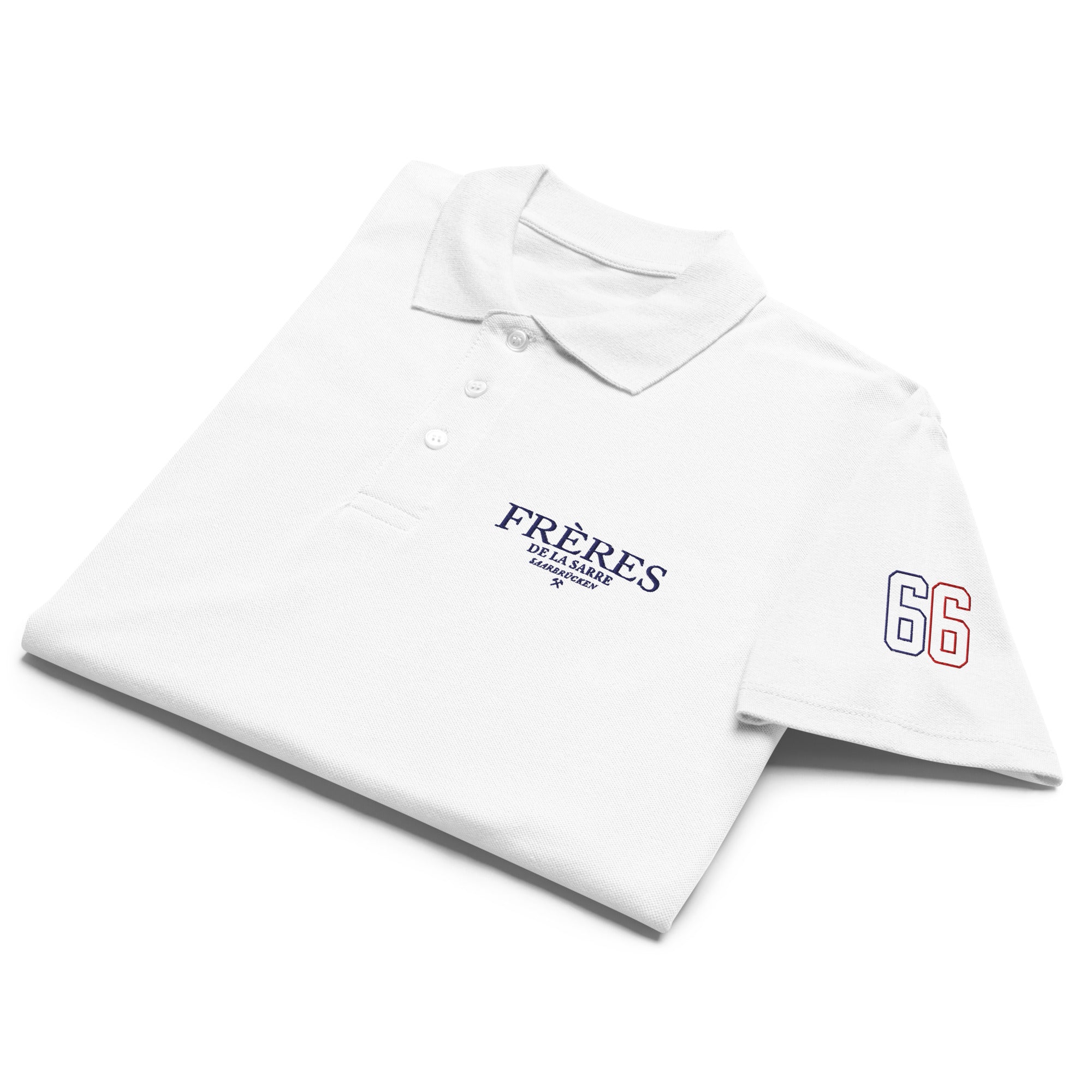 Frères de la Sarre Polo 66 Poloshirt für Saarbrücken Fans mit gestickter 66 in blau rot am linken Ärmel und Logo.