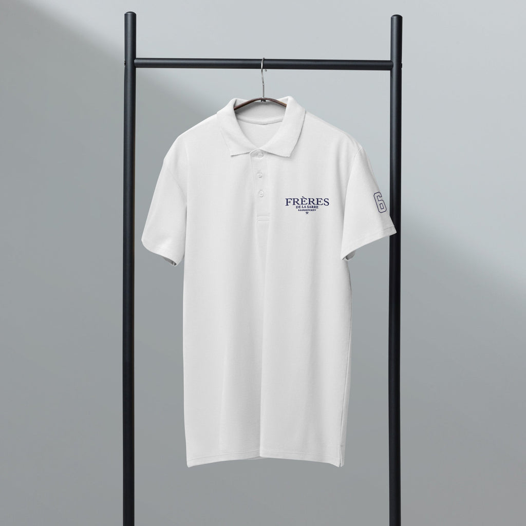 Frères de la Sarre Polo 66 Poloshirt für Saarbrücken Fans mit gestickter 66 in blau rot am linken Ärmel und Logo.