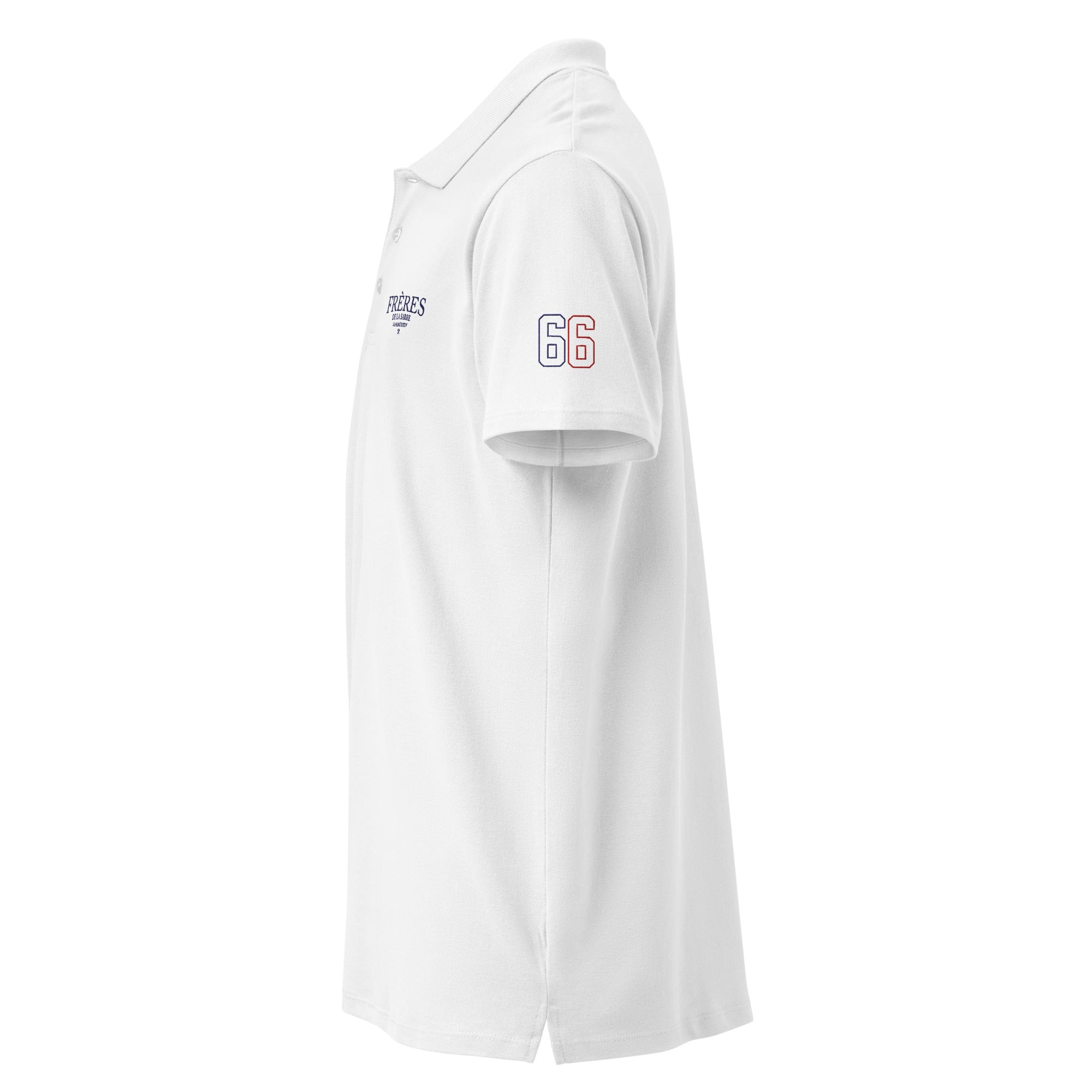 Frères de la Sarre Polo 66 Poloshirt für Saarbrücken Fans mit gestickter 66 in blau rot am linken Ärmel und Logo.