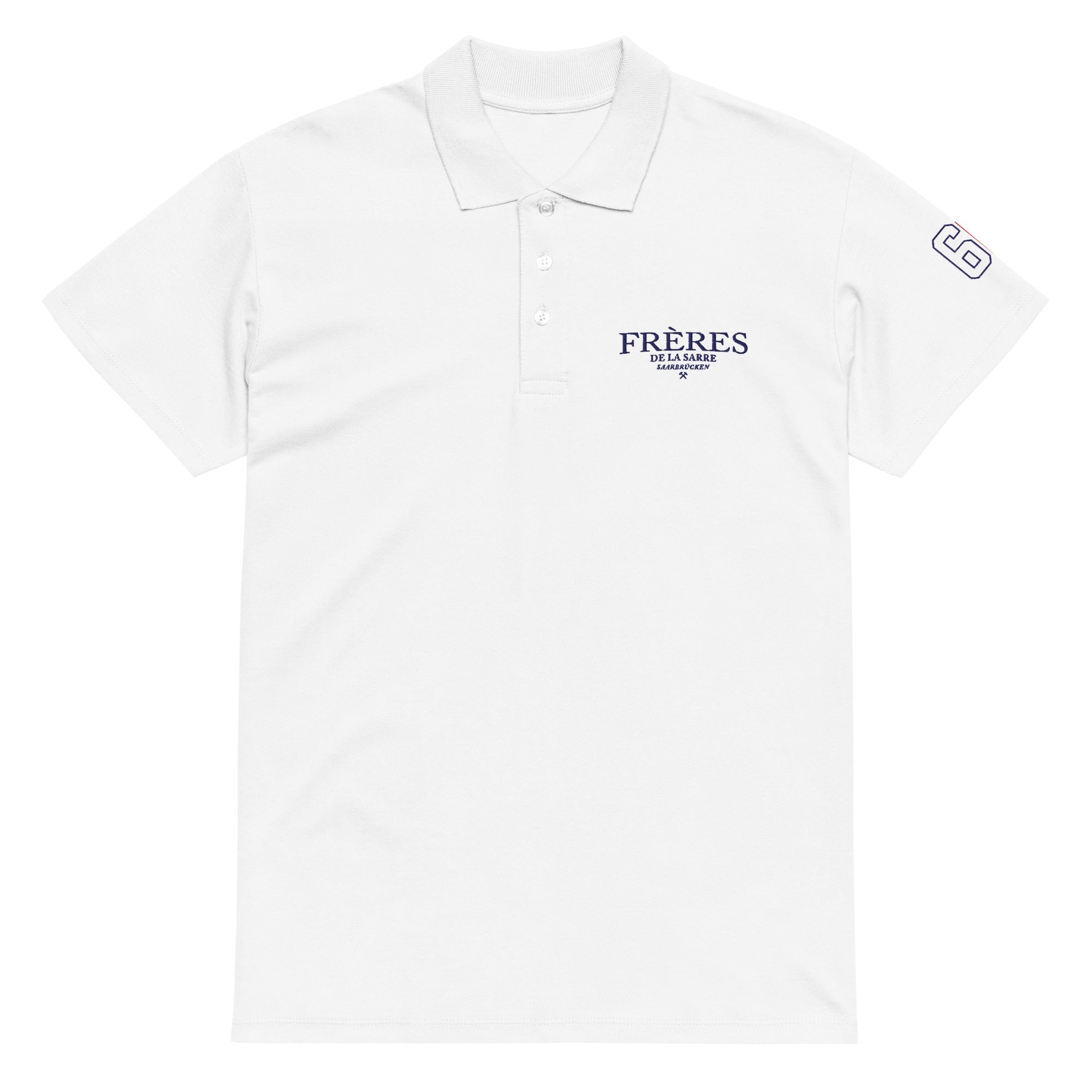 Frères de la Sarre Polo 66 Poloshirt für Saarbrücken Fans mit gestickter 66 in blau rot am linken Ärmel und Logo.