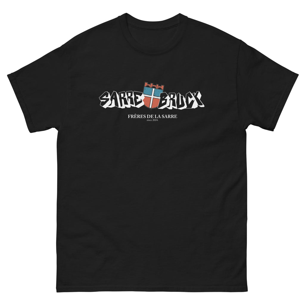 Frères de la Sarre Saarbrücken T-Shirt mit Saarland Wappen und Sarrerbruck Schriftzug im Graffiti Style in schwarz - Front