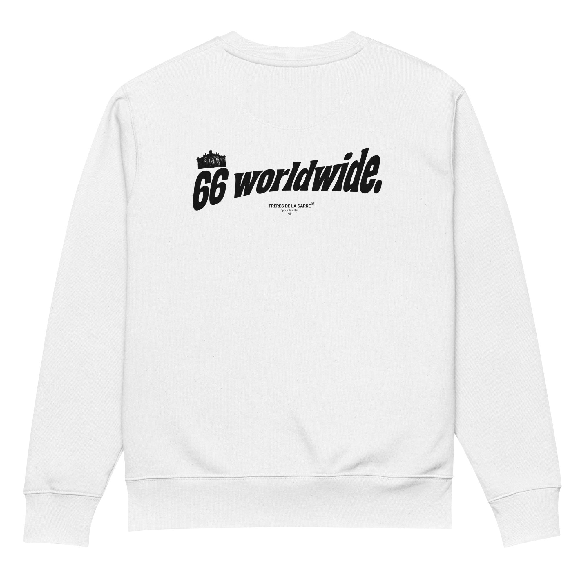 Frères de la Sarre Saarbrücken Sweater mit dem 66 worldwide Backprint und der Ludwigskirche in weiß - Back