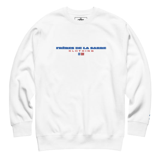 Frères de la Sarre Sweater mit gesticktem BasicDesign und mit alter Saarland Flagge Front-Ansicht in weiß