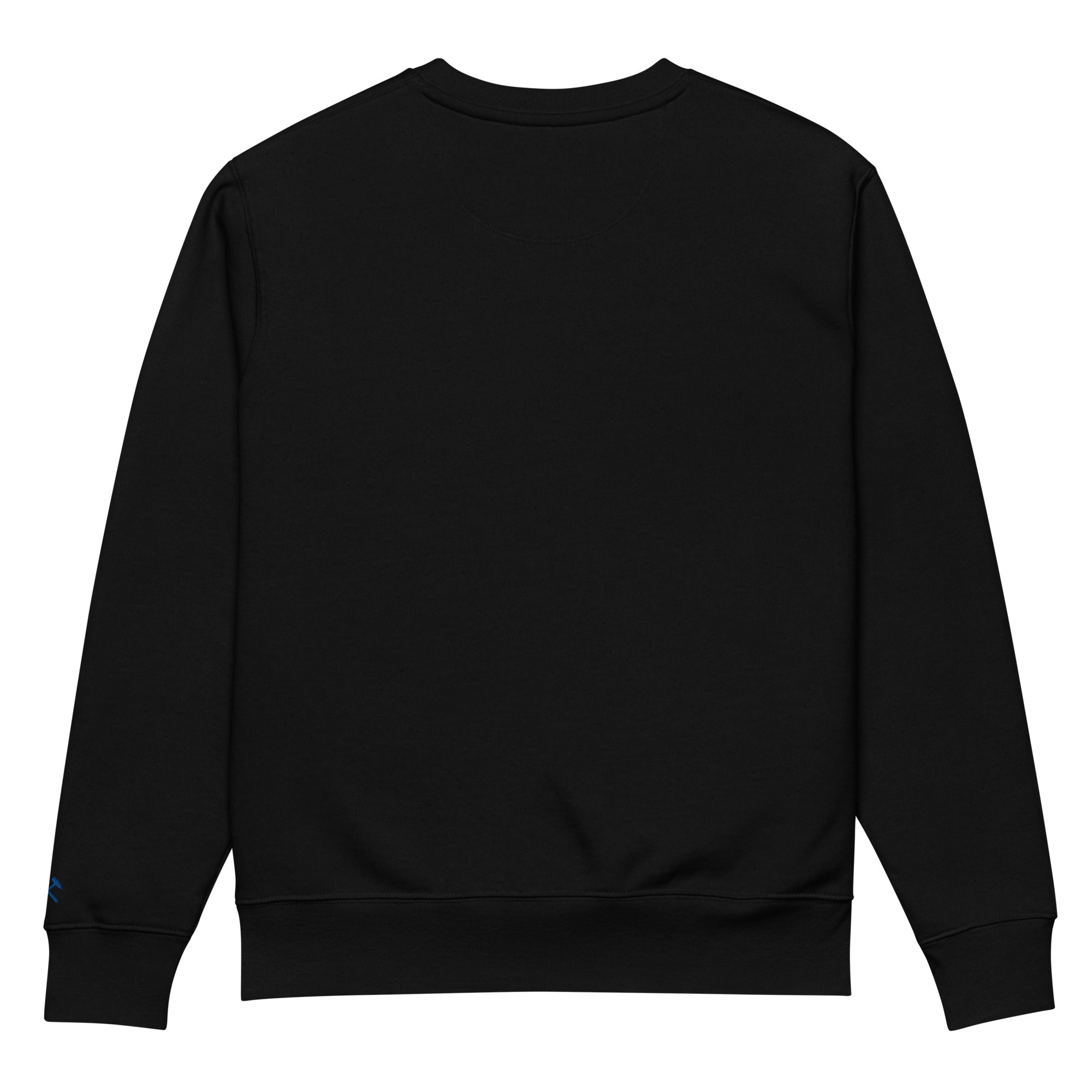 Frères de la Sarre Saarbrücken Sweater mit dem blauen Saarbrücken Schriftzug auf schwarzem Sweatshirt - Rücken-Ansicht