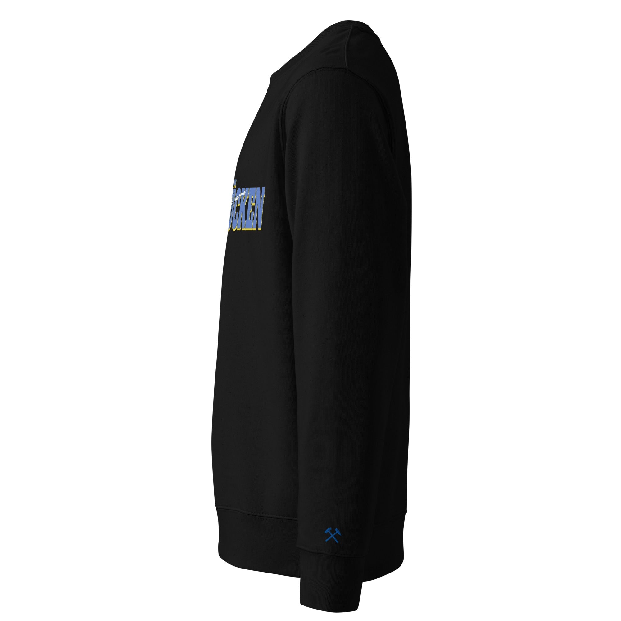 Frères de la Sarre Saarbrücken Sweater mit dem blauen Saarbrücken Schriftzug auf schwarzem Sweatshirt - Rechter Ärmel