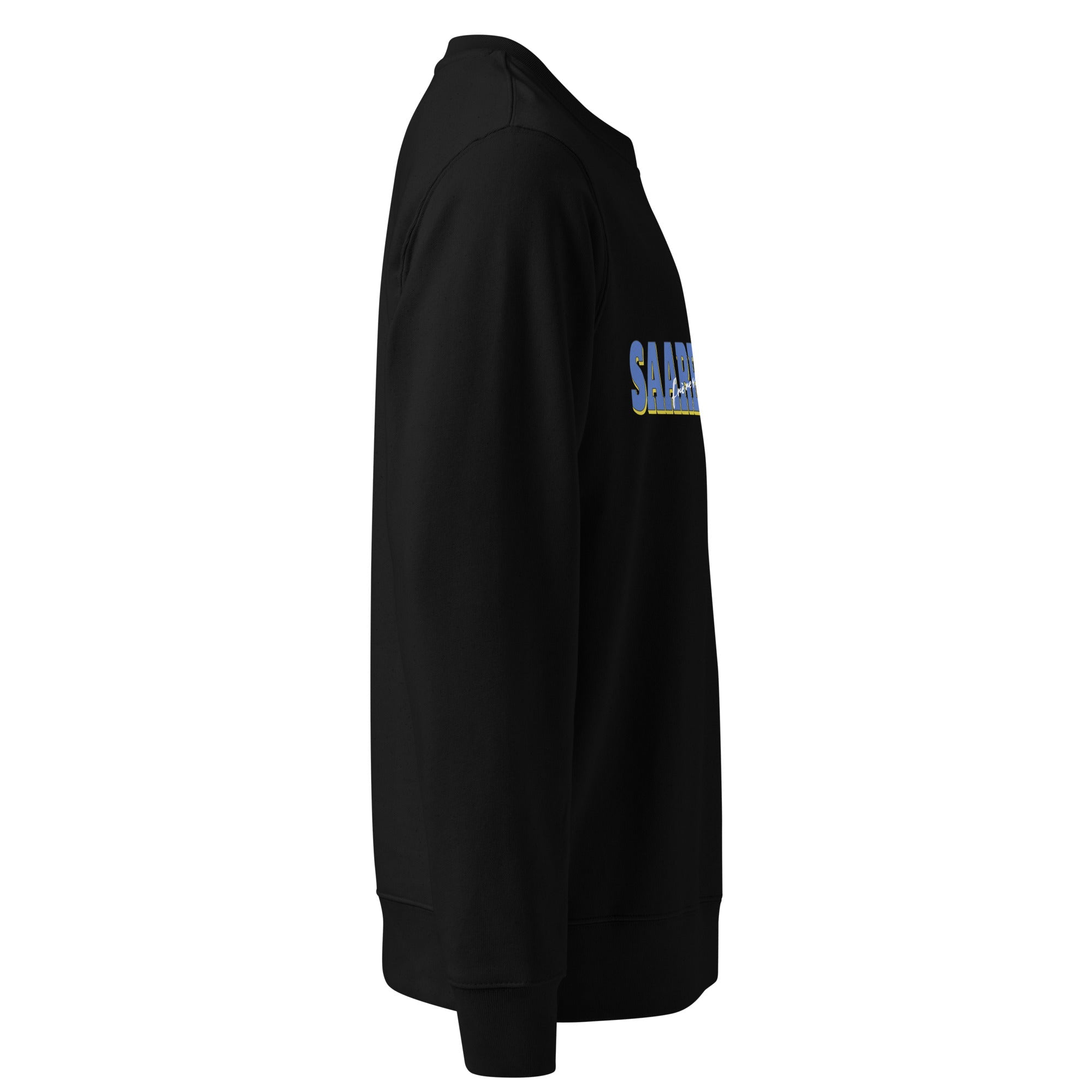 Frères de la Sarre Saarbrücken Sweater mit dem blauen Saarbrücken Schriftzug auf schwarzem Sweatshirt - Linker Ärmel