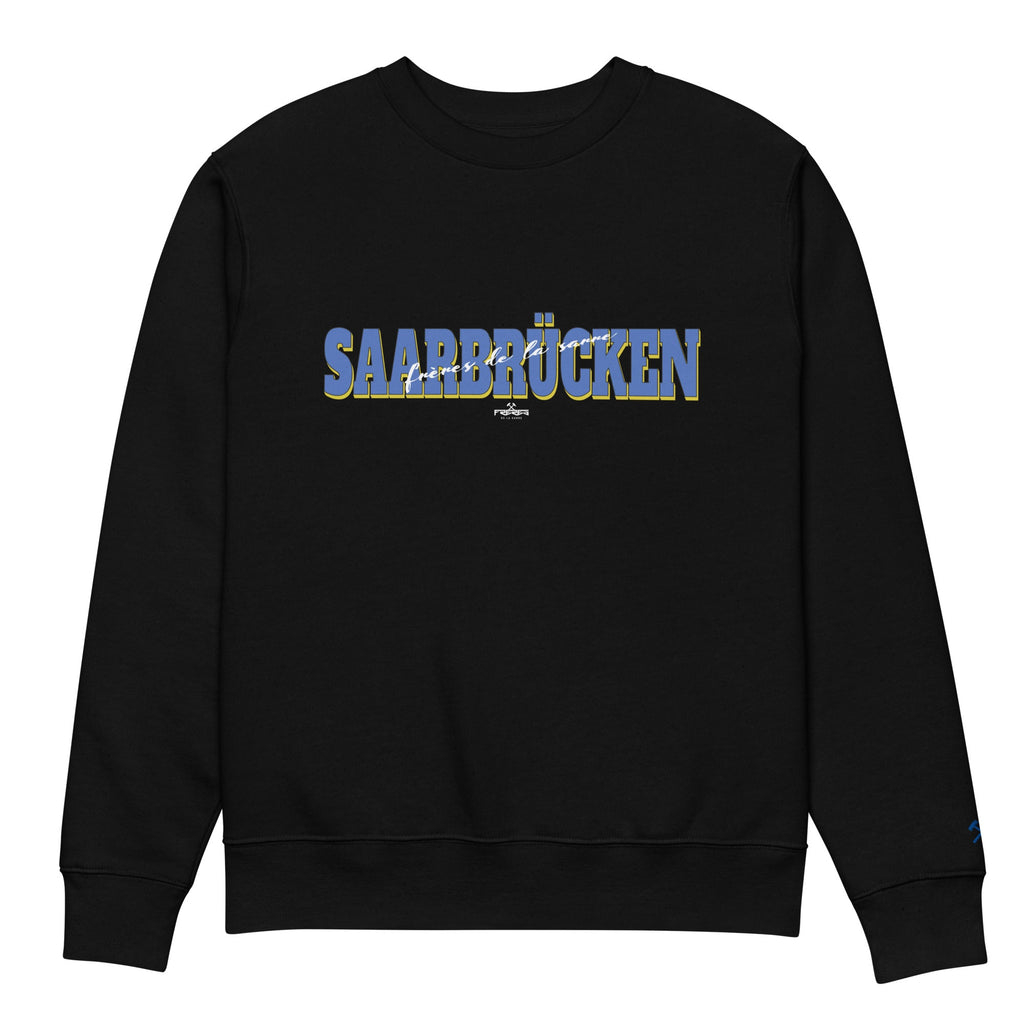 Frères de la Sarre Saarbrücken Sweater mit dem blauen Saarbrücken Schriftzug auf schwarzem Sweatshirt - Front-Ansicht