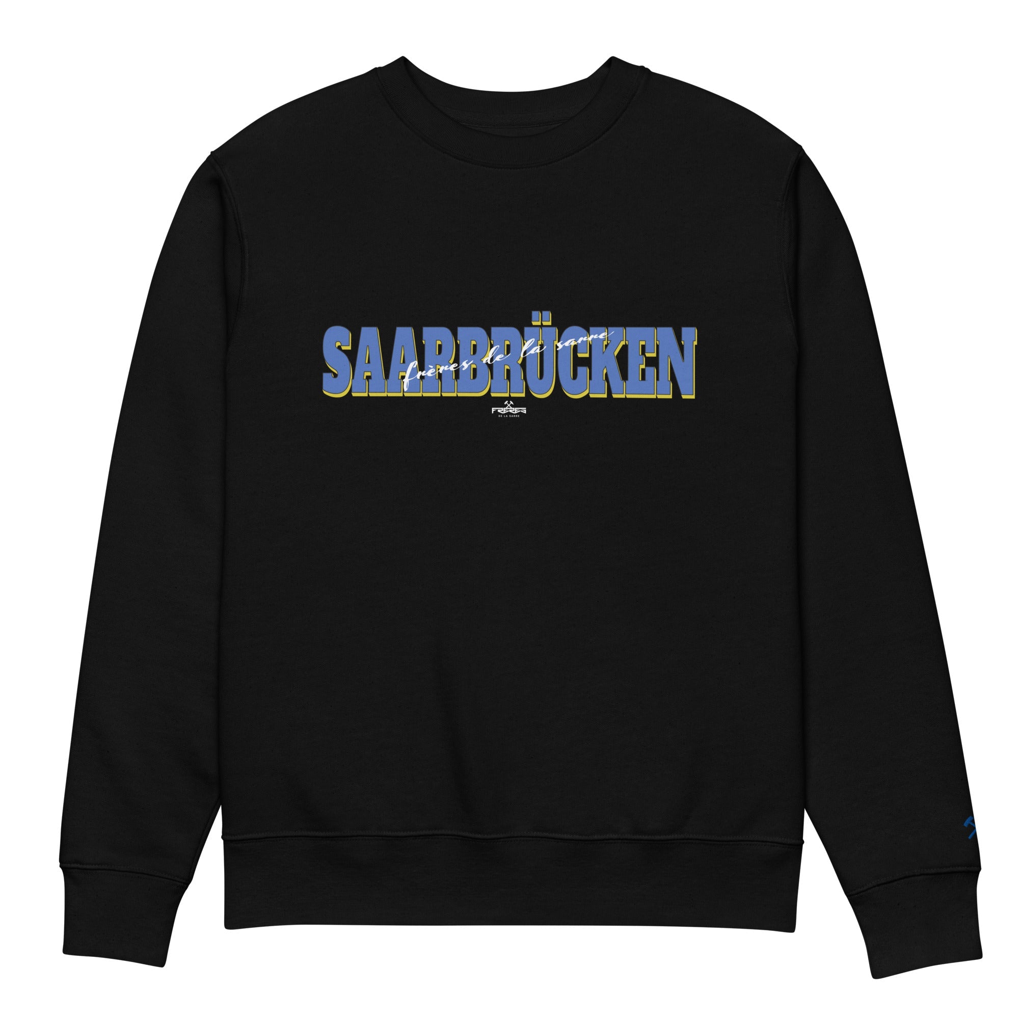 Frères de la Sarre Saarbrücken Sweater mit dem blauen Saarbrücken Schriftzug auf schwarzem Sweatshirt - Front-Ansicht