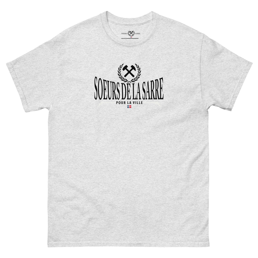 Soeurs de la Sarre T-Shirt mit dem Bergbau Logo, dem Soeurs de la Sarre Schriftzug und der alten Saarland Flagge in grau