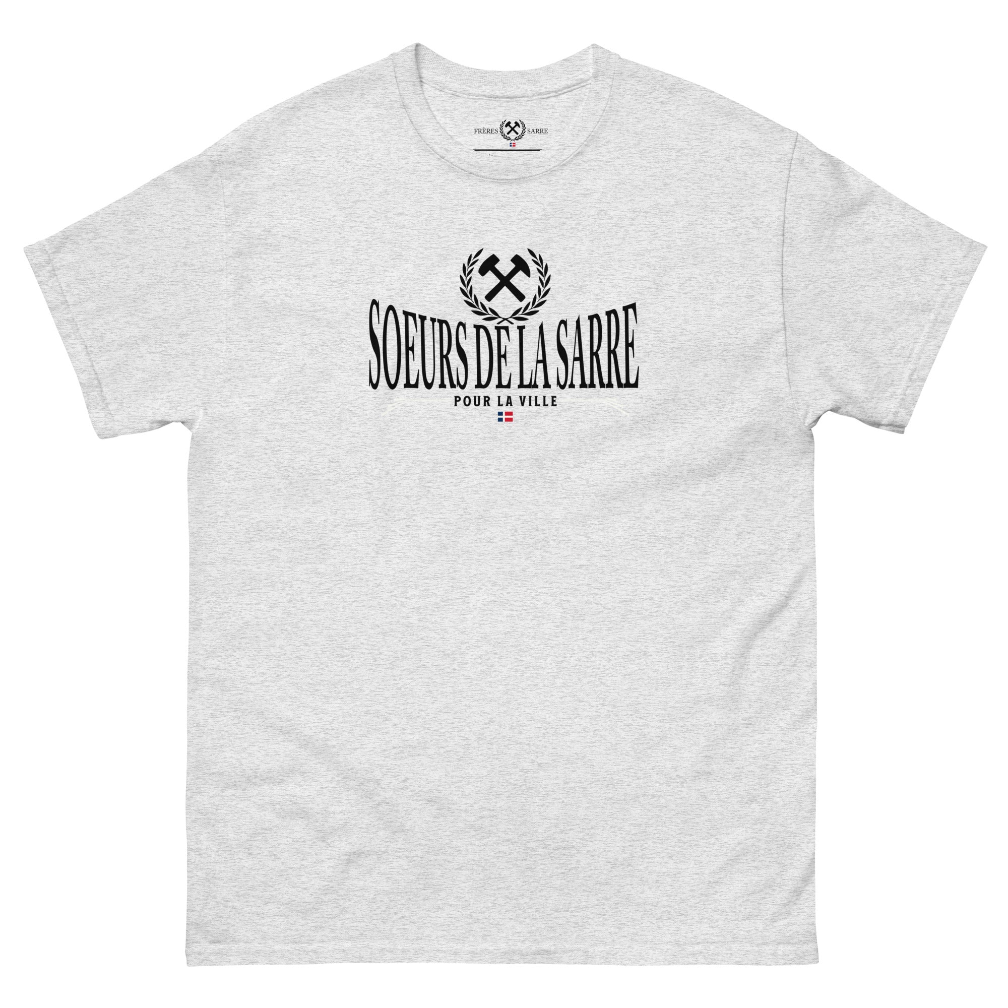 Soeurs de la Sarre T-Shirt mit dem Bergbau Logo, dem Soeurs de la Sarre Schriftzug und der alten Saarland Flagge in grau