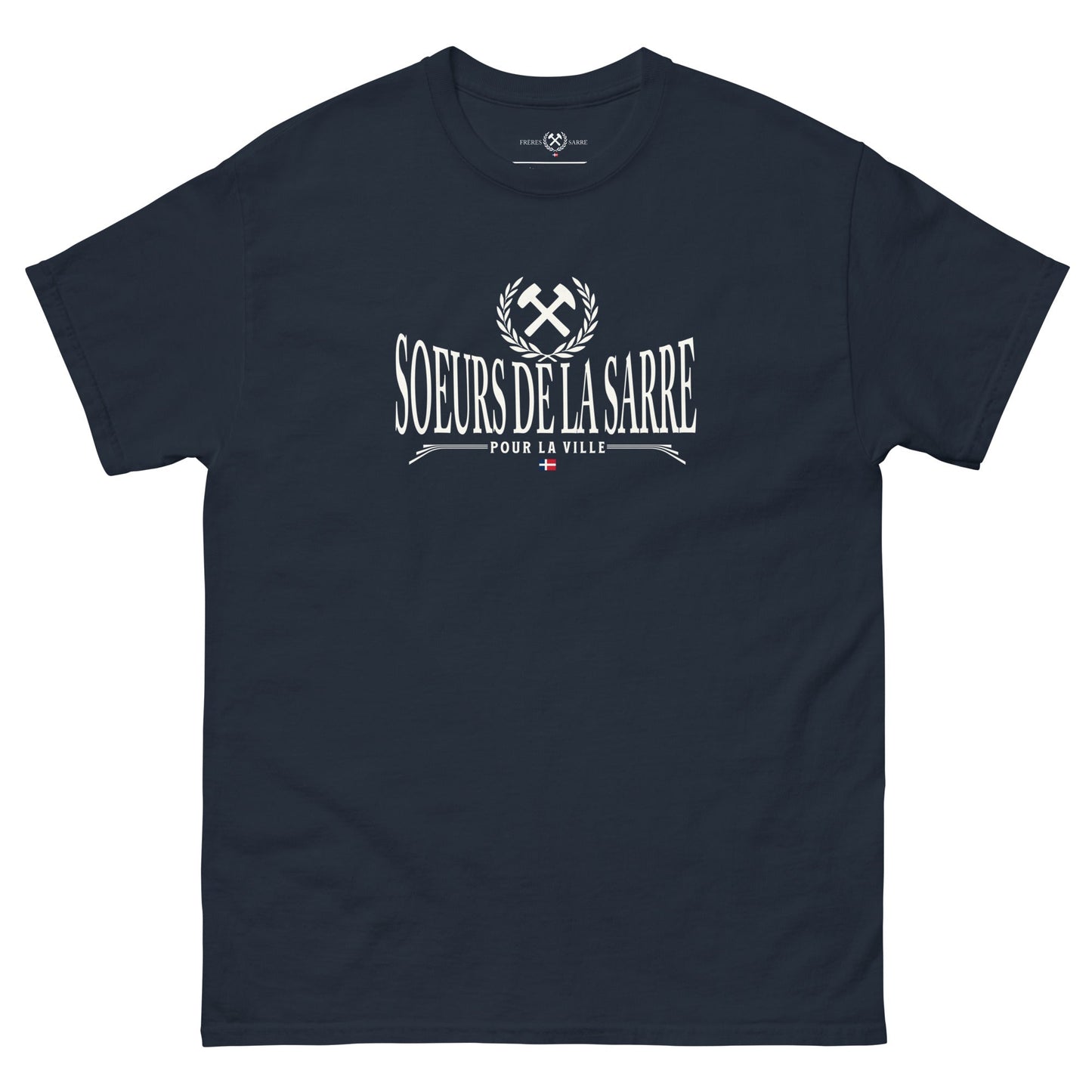 Soeurs de la Sarre T-Shirt mit dem Bergbau Logo, dem Soeurs de la Sarre Schriftzug und der alten Saarland Flagge in navy