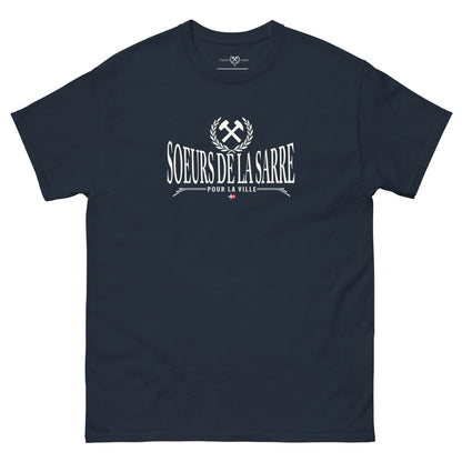Soeurs de la Sarre T-Shirt mit dem Bergbau Logo, dem Soeurs de la Sarre Schriftzug und der alten Saarland Flagge in navy
