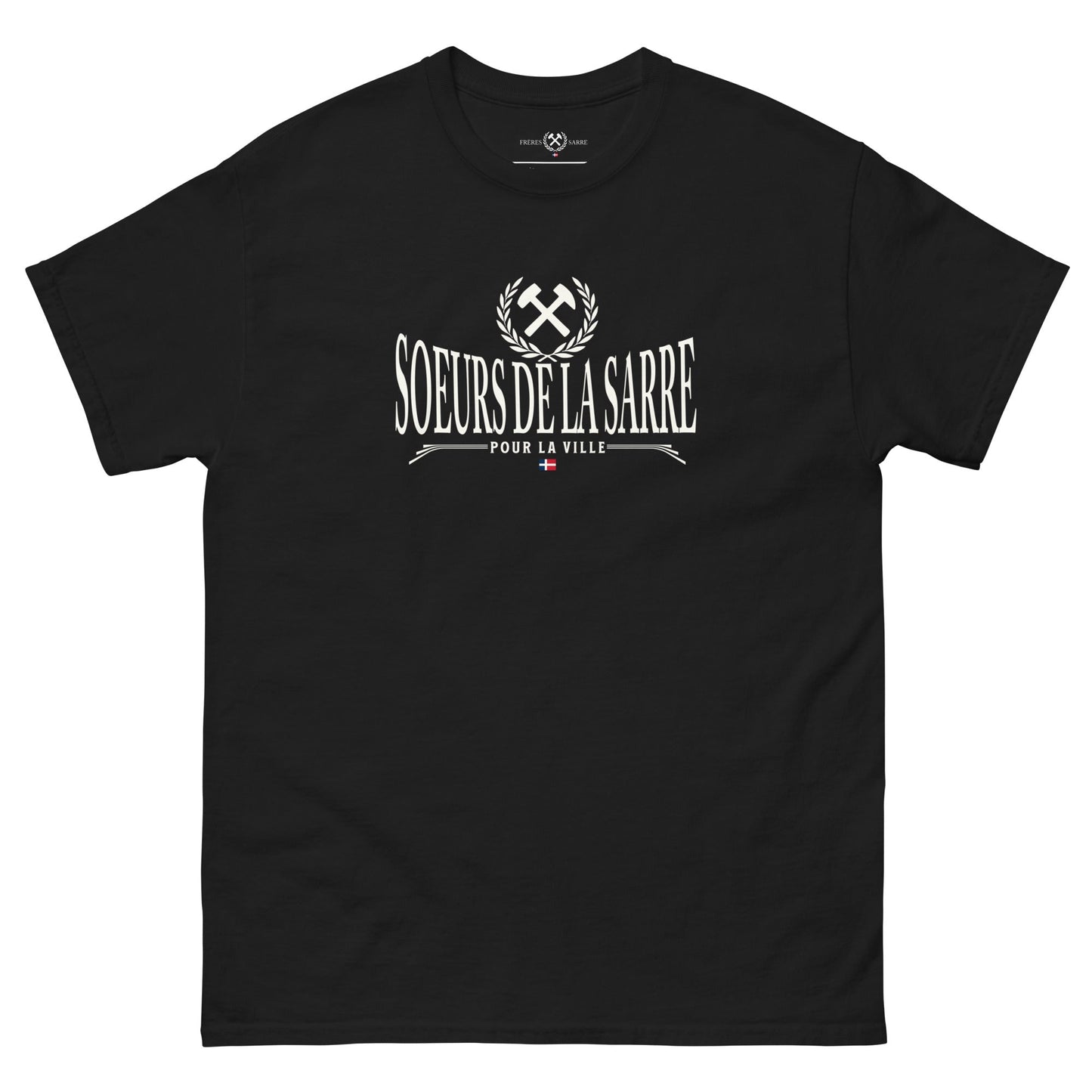 Soeurs de la Sarre T-Shirt mit dem Bergbau Logo, dem Soeurs de la Sarre Schriftzug und der alten Saarland Flagge in schwarz