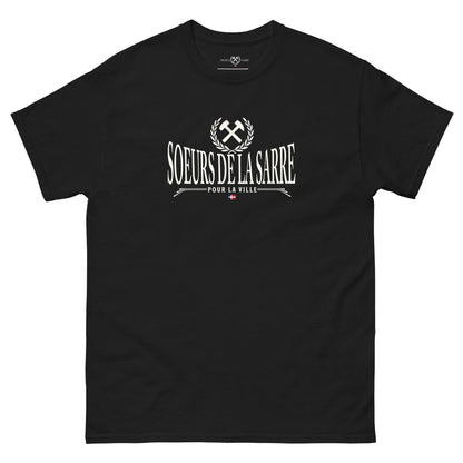 Soeurs de la Sarre T-Shirt mit dem Bergbau Logo, dem Soeurs de la Sarre Schriftzug und der alten Saarland Flagge in schwarz
